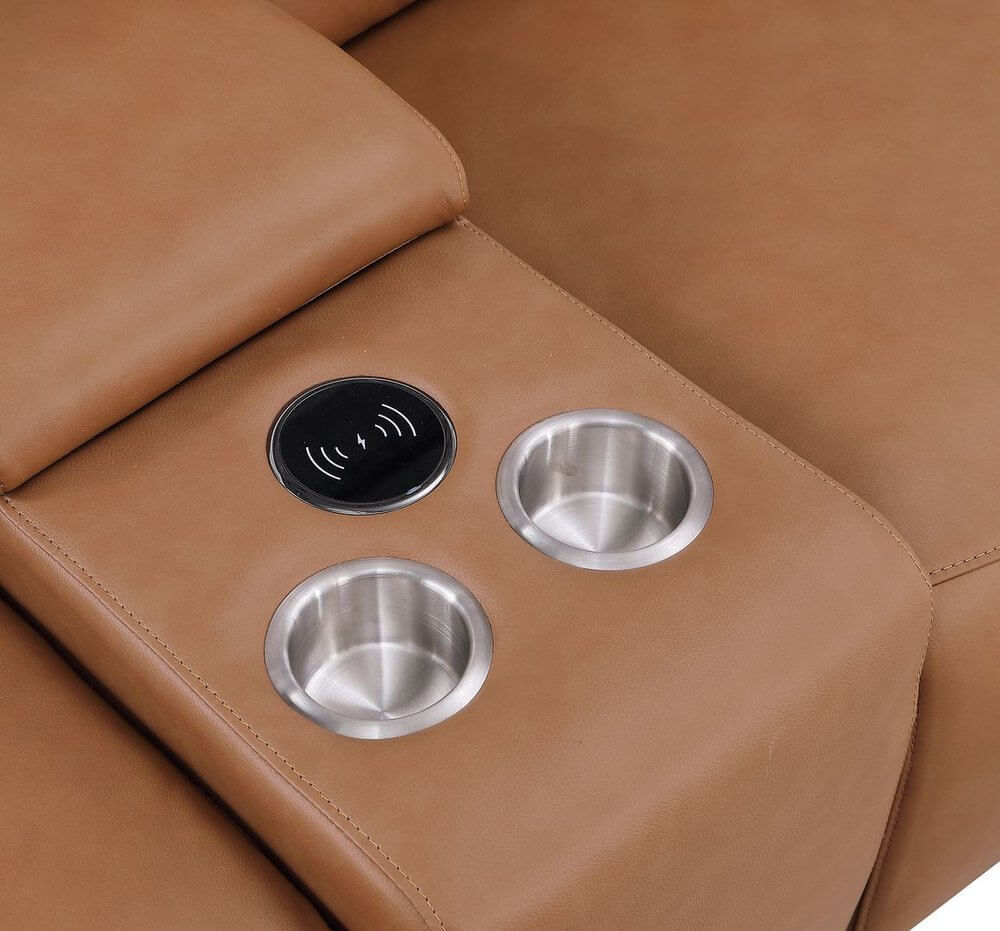 175" Chestnut Italian Leather Power Reclining Sofa with USB | Luxury Modular Couch cup holders and wireless charging pad detail