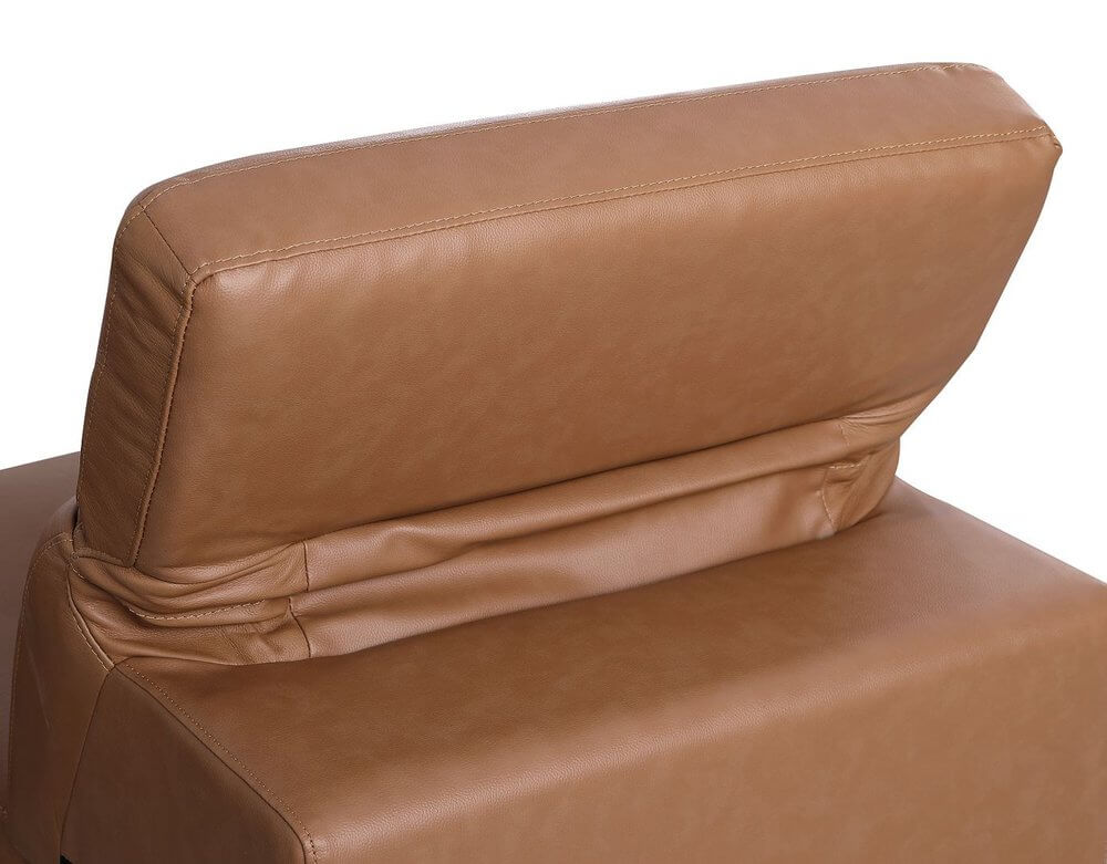 175" Chestnut Italian Leather Power Reclining Sofa with USB | Luxury Modular Couch backrest close-up.
