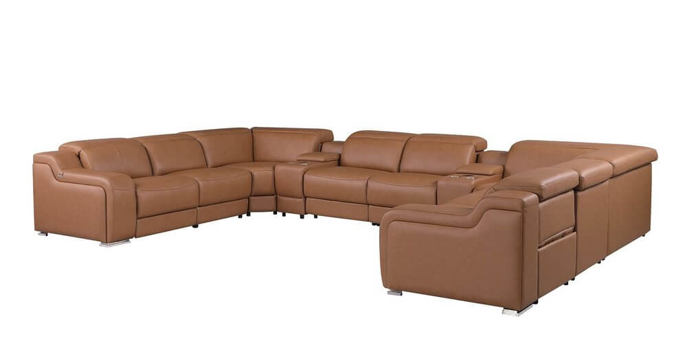 Chestnut Italian Leather Power Reclining U Shaped ten Piece Corner Sectional With Console in luxurious leather design.