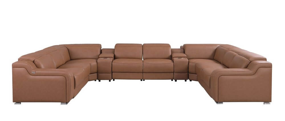 Chestnut Italian Leather Power Reclining U Shaped ten Piece Corner Sectional With Console in a stylish layout.