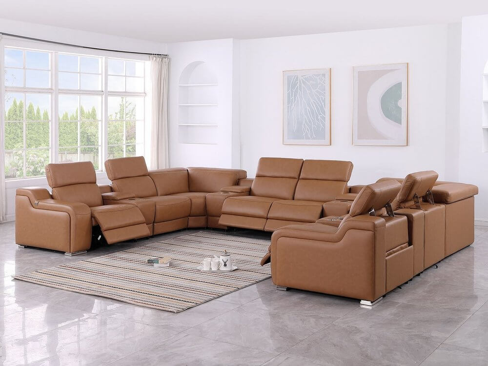 Chestnut Italian Leather Power Reclining U Shaped Twelve Piece Corner Sectional With Console in a modern living room setting.