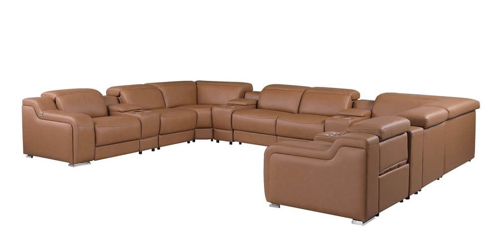 Chestnut Italian Leather Power Reclining U Shaped Twelve Piece Corner Sectional With Console in luxurious chestnut leather.