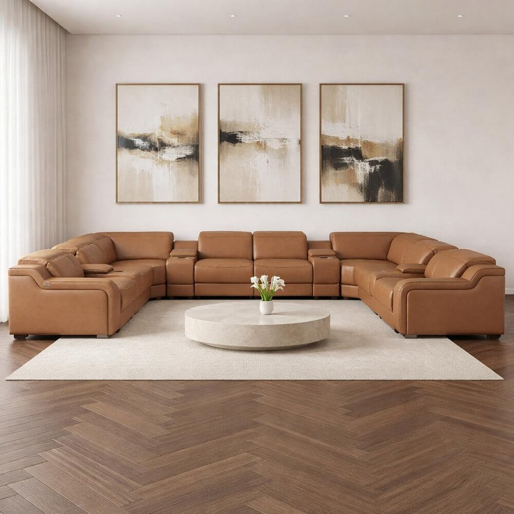 Chestnut Italian Leather Power Reclining U Shaped Twelve Piece Corner Sectional With Console in a modern living room.