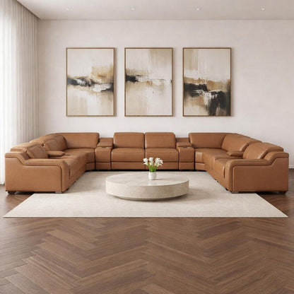 Chestnut Italian Leather Power Reclining U Shaped Twelve Piece Corner Sectional With Console in a modern living room.