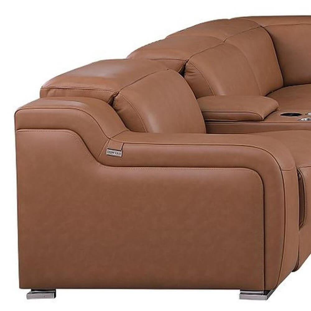 Chestnut Italian Leather Power Reclining U Shaped Twelve Piece Corner Sectional With Console side view showing luxurious leather upholstery.