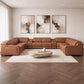 Chestnut Italian Leather Power Reclining U Shaped ten Piece Corner Sectional With Console in modern living room setting.
