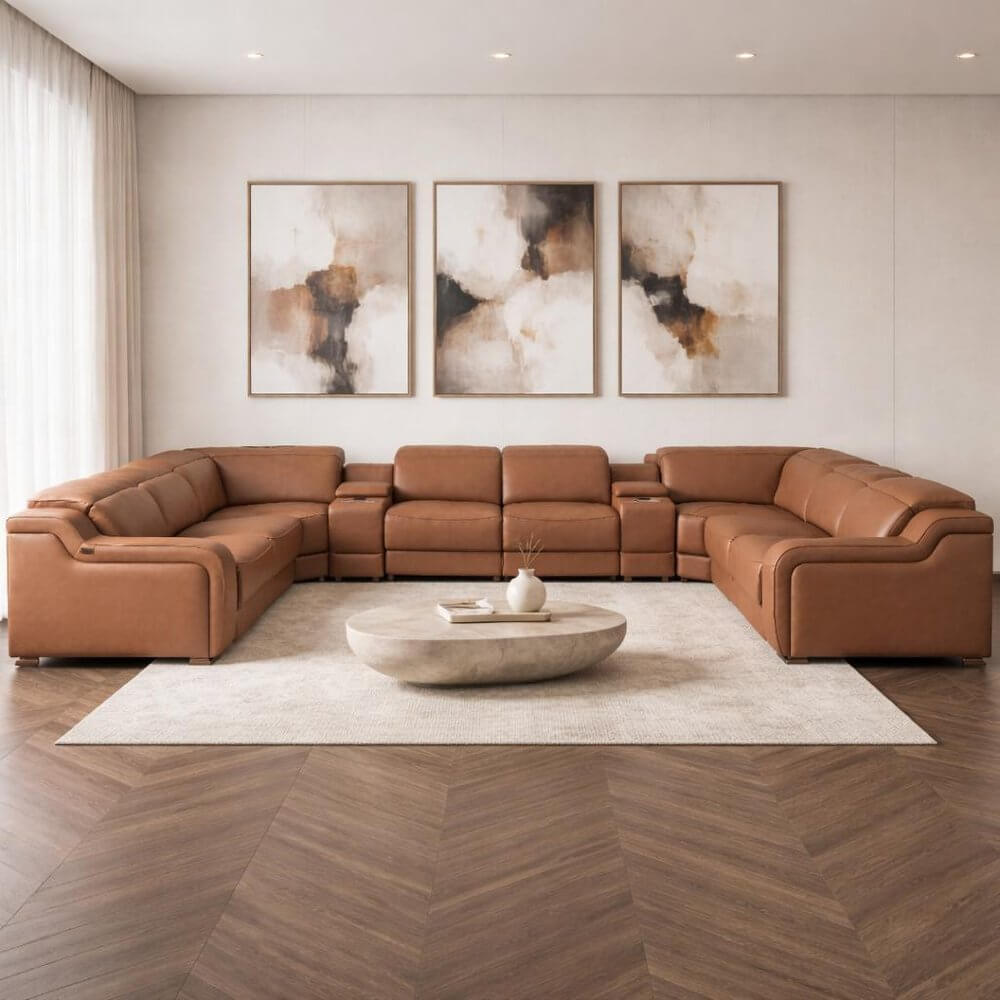 Chestnut Italian Leather Power Reclining U Shaped ten Piece Corner Sectional With Console in modern living room setting.