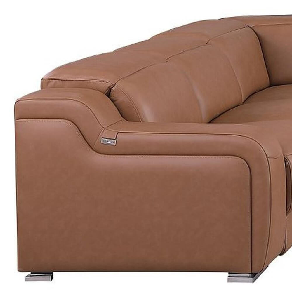 Chestnut Italian Leather Power Reclining U Shaped ten Piece Corner Sectional With Console side view of luxurious leather upholstery.