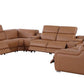 Chestnut Italian Leather Power Reclining U Shaped ten Piece Corner Sectional With Console in a modern living room setting.
