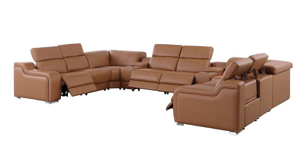 Chestnut Italian Leather Power Reclining U Shaped ten Piece Corner Sectional With Console in a modern living room setting.