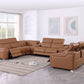 Chestnut Italian Leather Power Reclining U Shaped ten Piece Corner Sectional With Console in modern living room setting.