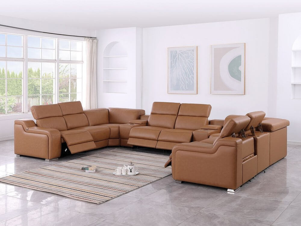 Chestnut Italian Leather Power Reclining U Shaped ten Piece Corner Sectional With Console in modern living room setting.