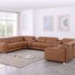 Chestnut Italian Leather Power Reclining U Shaped ten Piece Corner Sectional With Console in a stylish living room.