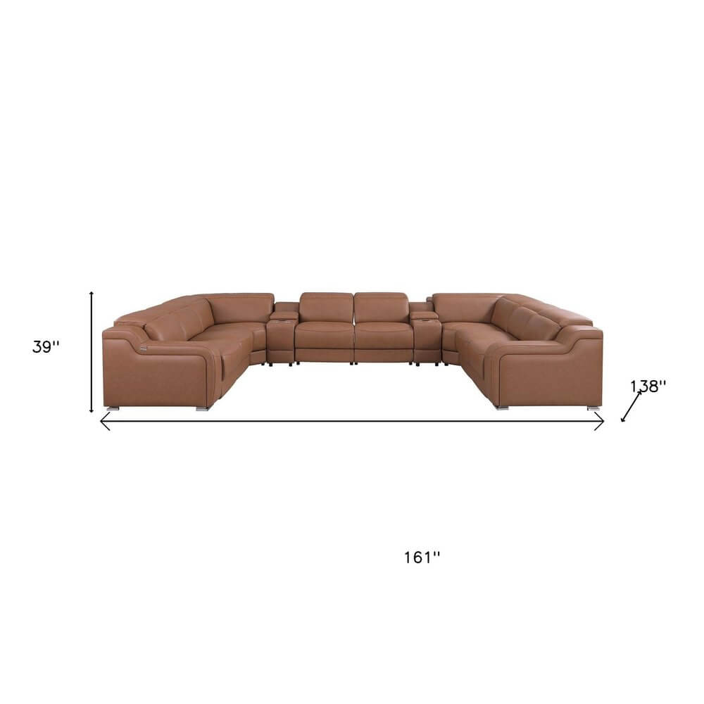 Chestnut Italian Leather Power Reclining U Shaped ten Piece Corner Sectional With Console dimensions and design illustration.