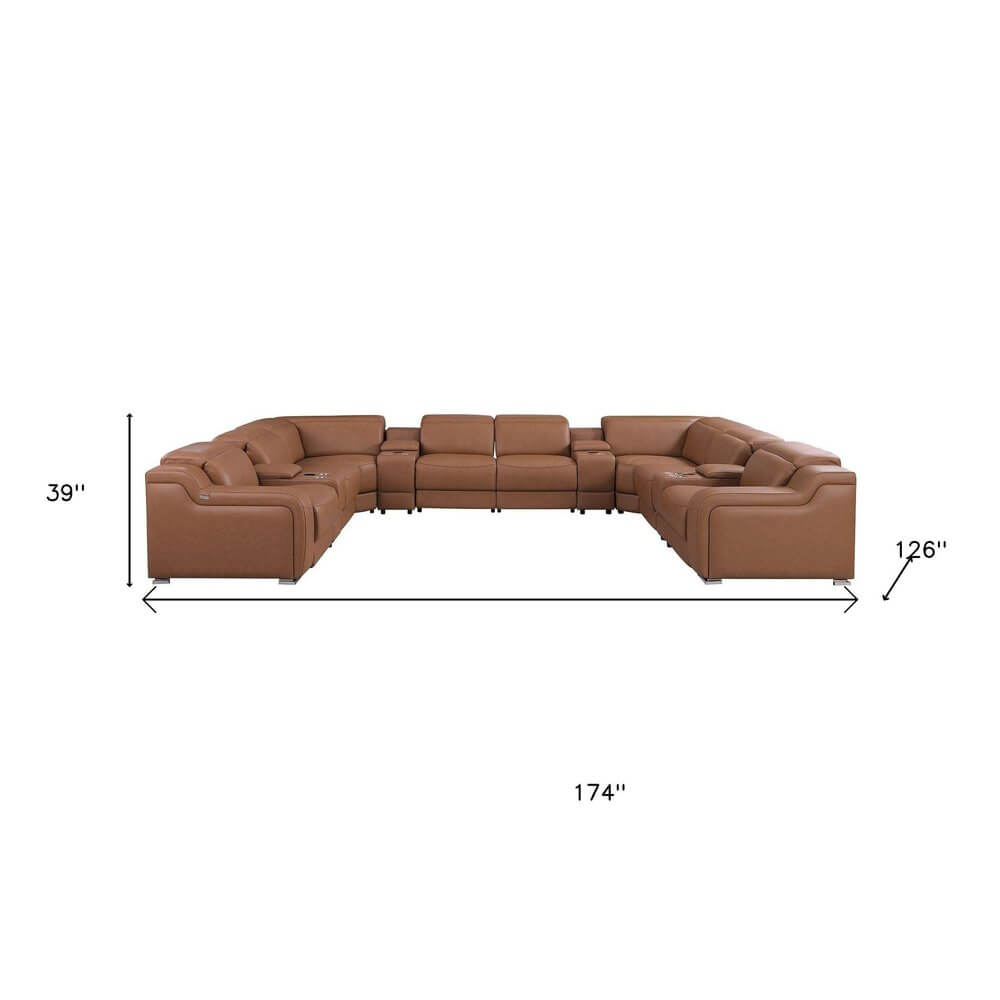 Chestnut Italian Leather Power Reclining U Shaped Twelve Piece Corner Sectional With Console dimensions and layout.