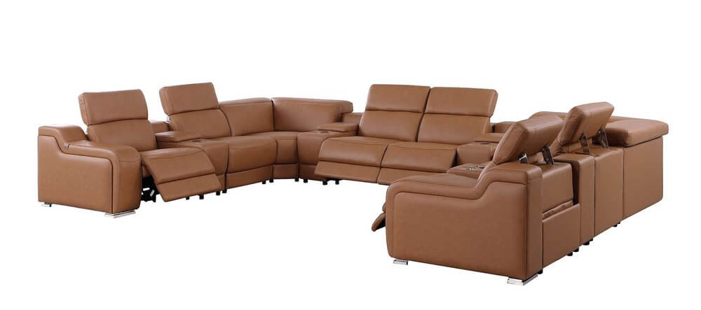 Chestnut Italian Leather Power Reclining U Shaped Twelve Piece Corner Sectional With Console in a modern living room.