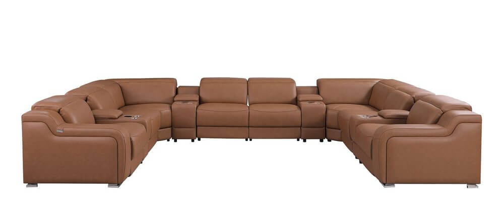 Chestnut Italian Leather Power Reclining U Shaped Twelve Piece Corner Sectional With Console in a modern living room setting.
