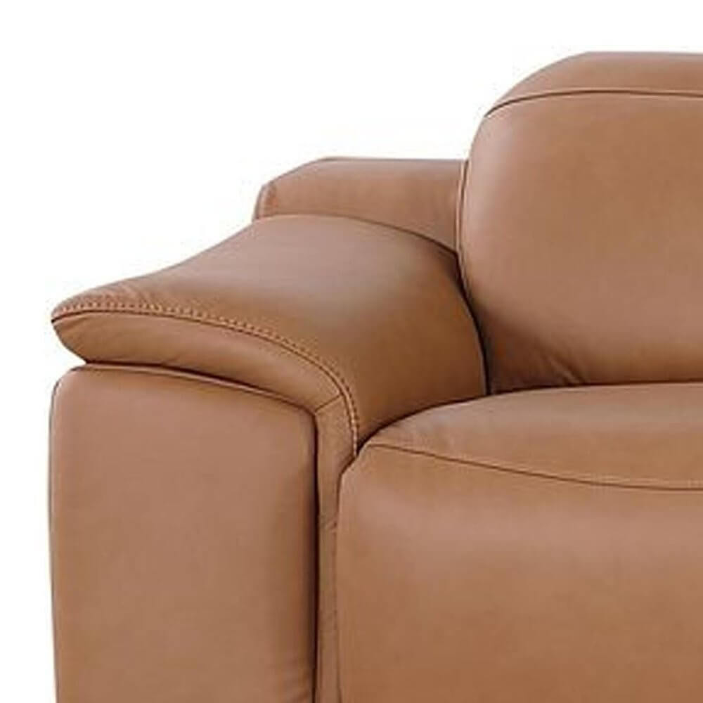 175" Chestnut Italian Leather Power Reclining Sofa with USB | Luxury Modular Couch close-up of armrest in rich chestnut leather.
