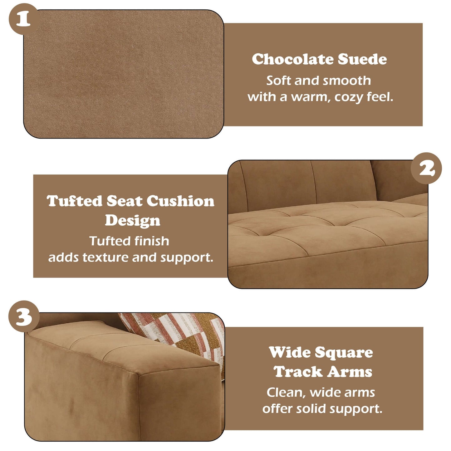 Contemporary Modular Suede Sofa – 144” Chocolate Sectional with Pillows features chocolate suede, tufted seat design, and wide track arms.