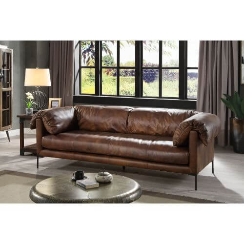 Chocolate Top Grain Leather Sofa 96" – Modern Mocha Leather Couch in a stylish living room setting.