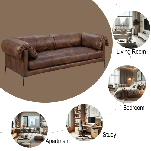 Chocolate Top Grain Leather Sofa 96" – Modern Mocha Leather Couch in living room, bedroom, and study settings.