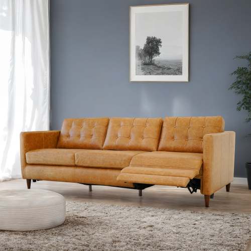 Christopher MCM Leather Power Reclining Sofa 93" – Mid-Century Modern Recliner Couch in stylish vintage leather