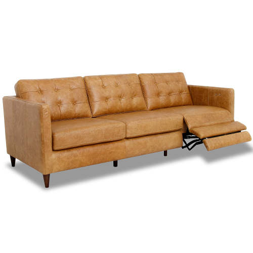 Christopher MCM Leather Power Reclining Sofa 93" – Mid-Century Modern Recliner Couch in rich brown leather.