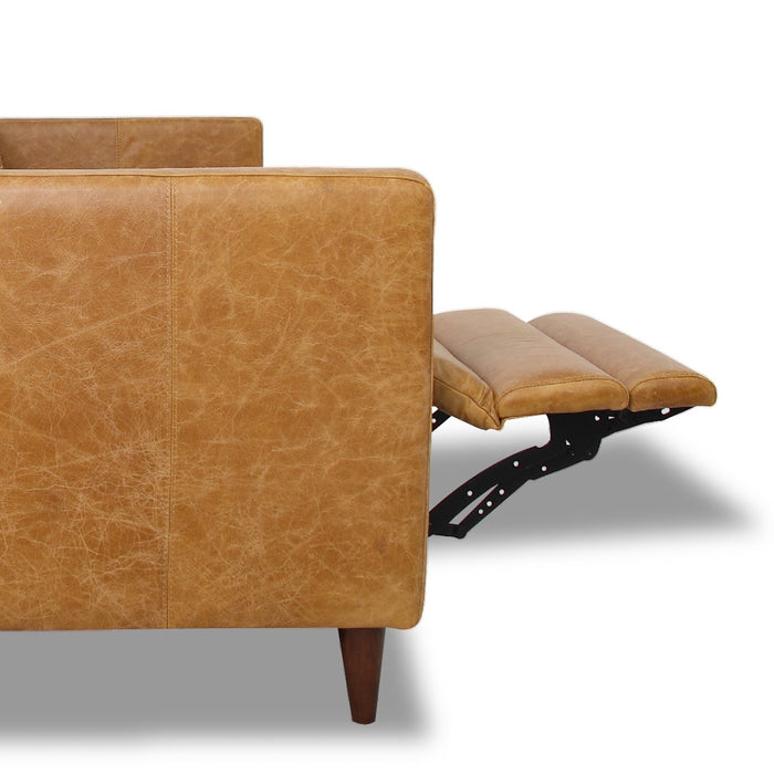 Christopher MCM Leather Power Reclining Sofa 93" – Mid-Century Modern Recliner Couch back view with extended footrest.