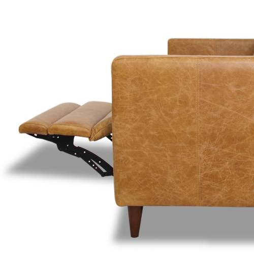 Christopher MCM Leather Power Reclining Sofa 93" – Mid-Century Modern Recliner Couch with reclined footrest.