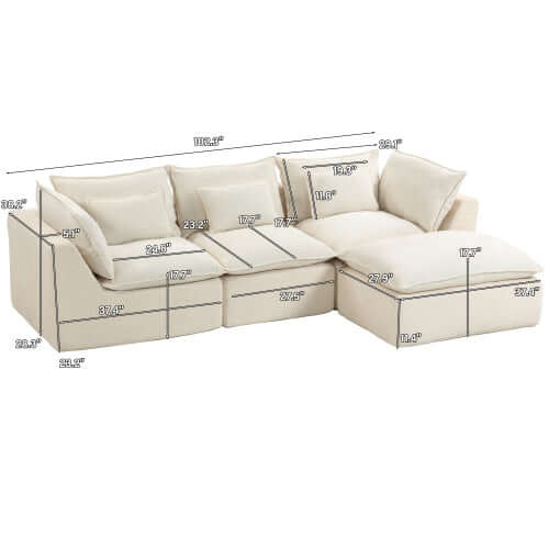 Cloud Oversized Modular Sectional Sofa with Ottoman – 102.3” Velvet Deep Seat Couch dimensions illustration.