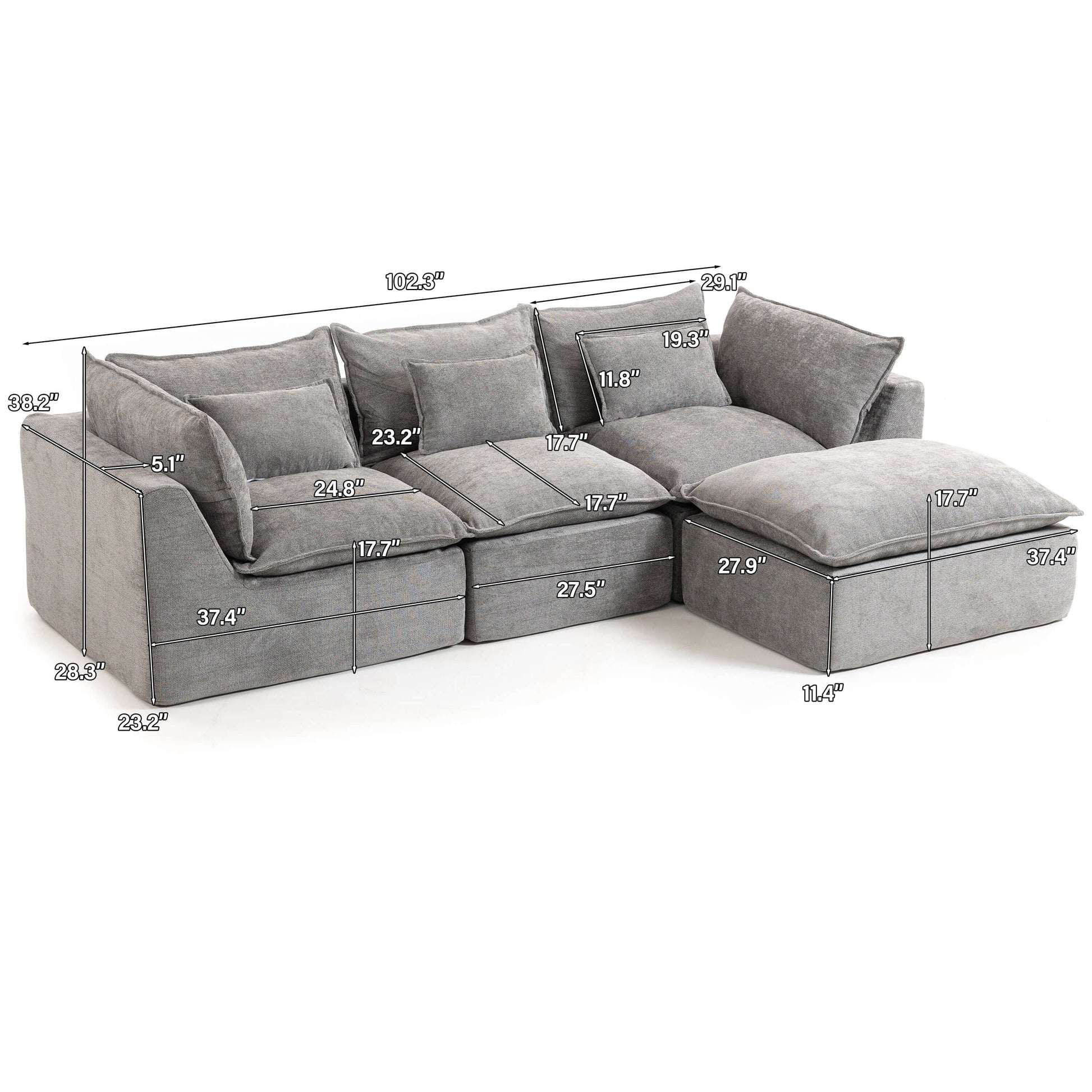 Cloud Oversized Modular Sectional Sofa with Ottoman – 102.3” Velvet Deep Seat Couch with dimensions.