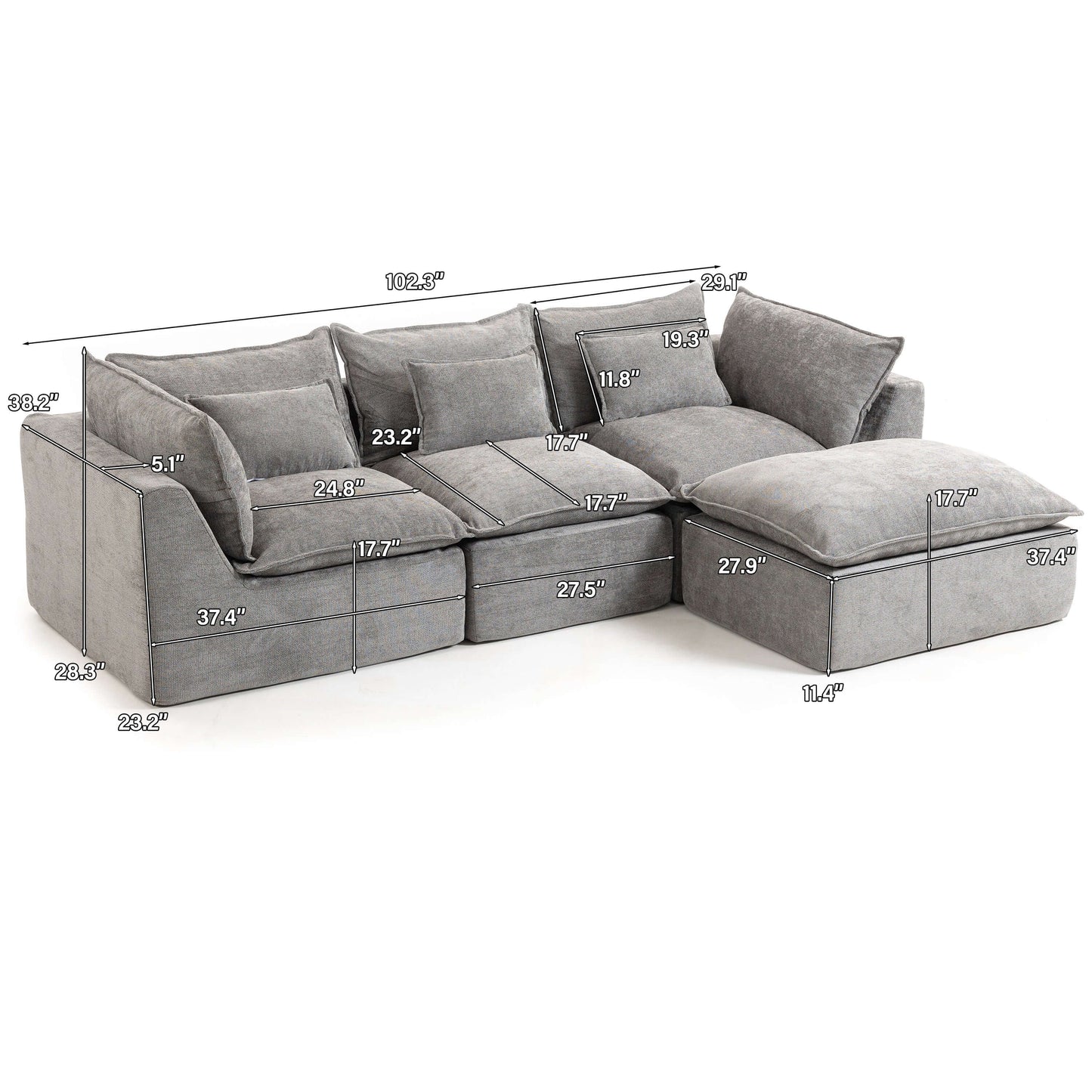 Cloud Oversized Modular Sectional Sofa with Ottoman – 102.3” Velvet Deep Seat Couch with dimensions.