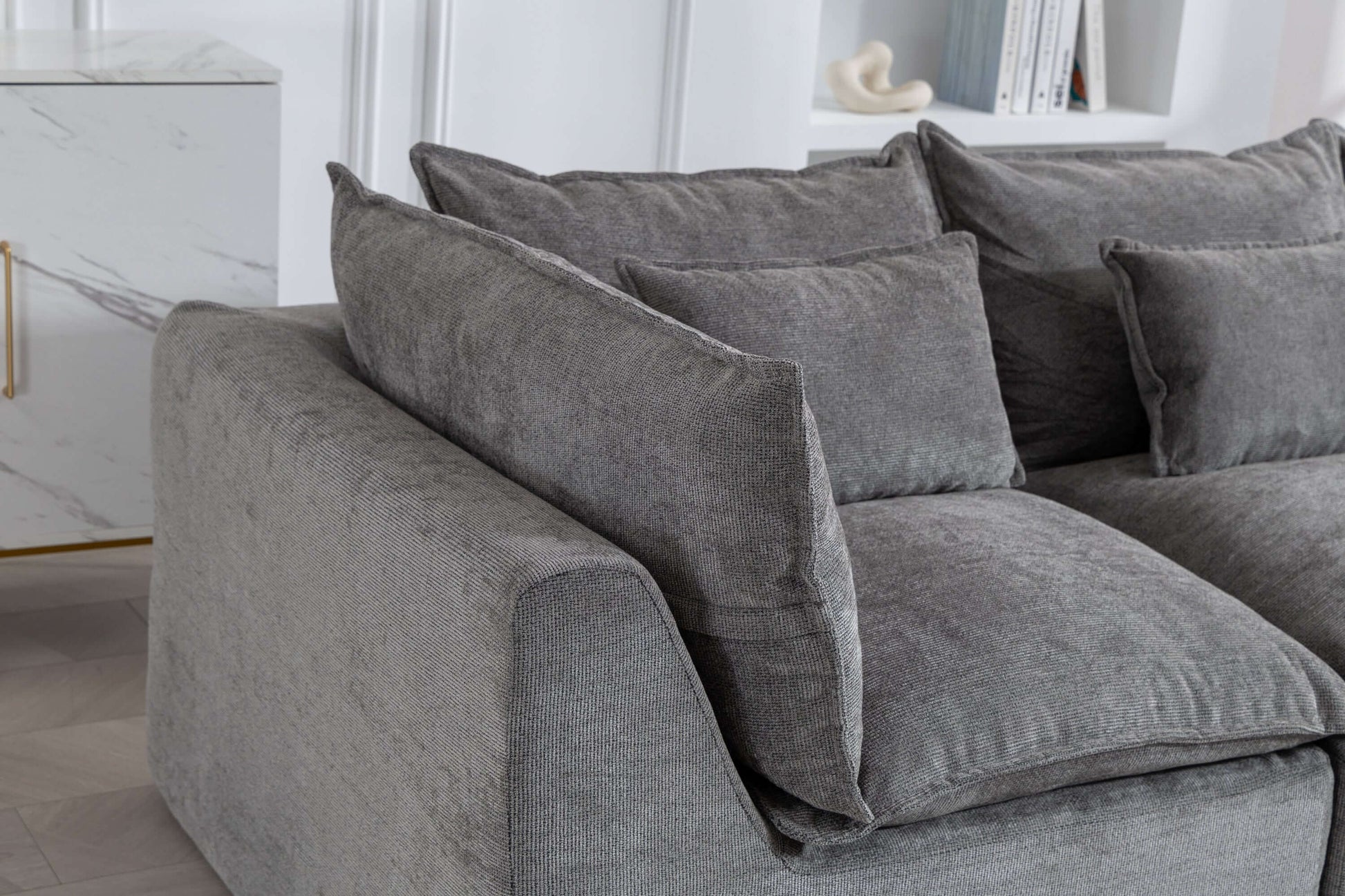 Cloud Oversized Modular Sectional Sofa with Ottoman – 102.3” Velvet Deep Seat Couch with plush gray cushions.