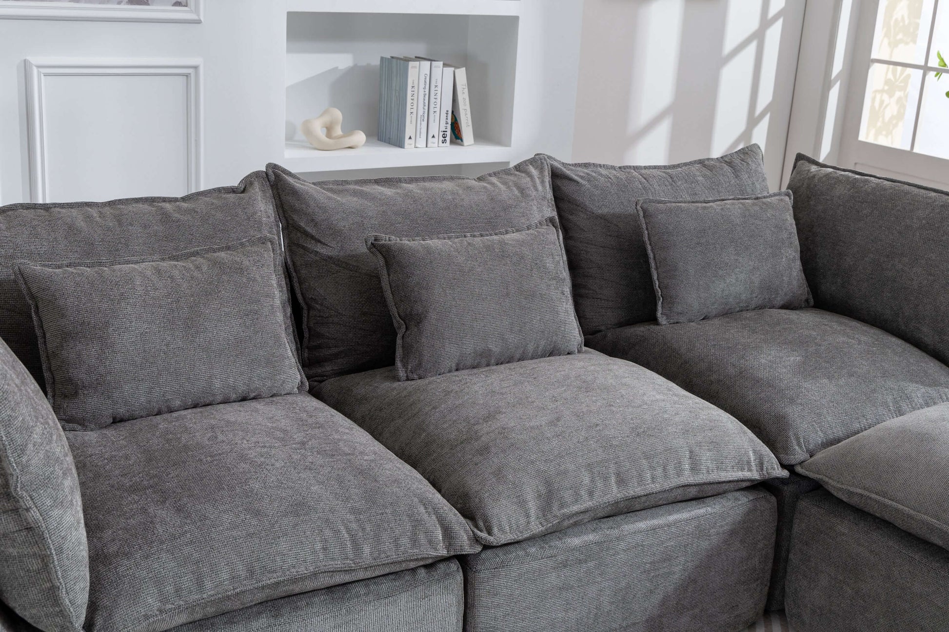 Cloud Oversized Modular Sectional Sofa with Ottoman – 102.3” Velvet Deep Seat Couch with plush gray cushions.