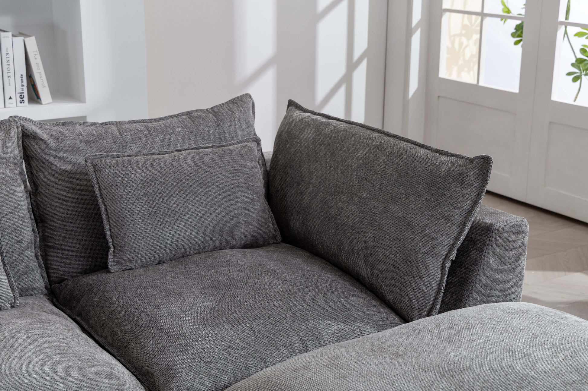 Cloud Oversized Modular Sectional Sofa with Ottoman – 102.3” Velvet Deep Seat Couch in cozy grey upholstery.
