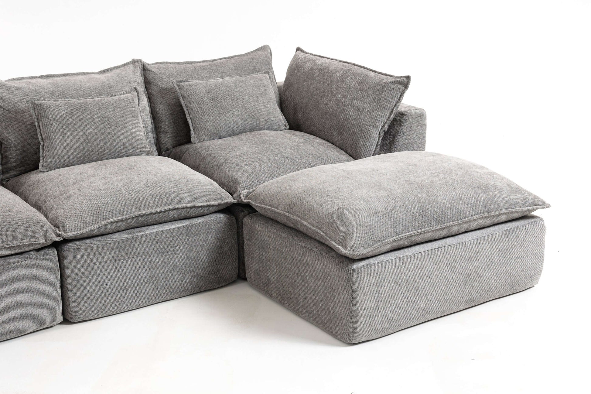 Cloud Oversized Modular Sectional Sofa with Ottoman – 102.3” Velvet Deep Seat Couch in plush gray upholstery.