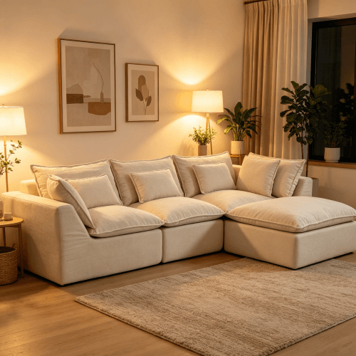 Cloud Oversized Modular Sectional Sofa with Ottoman – 102.3” Velvet Deep Seat Couch in cozy living room setting