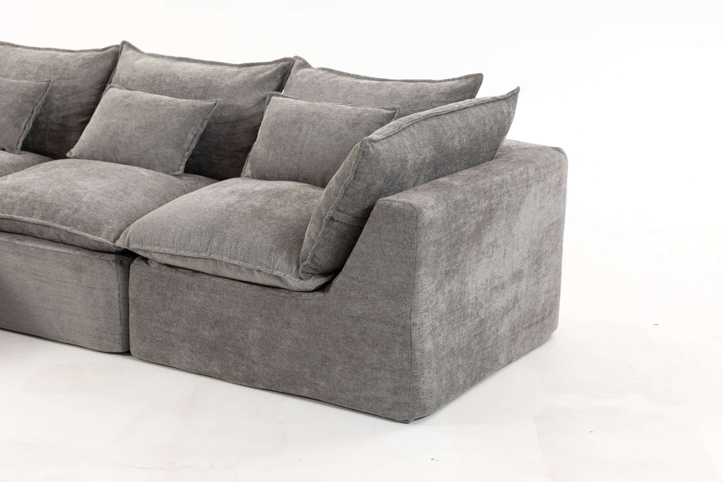 Cloud Oversized Modular Sectional Sofa with Ottoman – 102.3” Velvet Deep Seat Couch in soft gray upholstery.