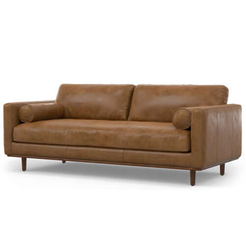 Morrison MCM Genuine Leather Sofa 89" – Mid-Century Sienna Leather Couch (2 Colors) in rich brown leather.