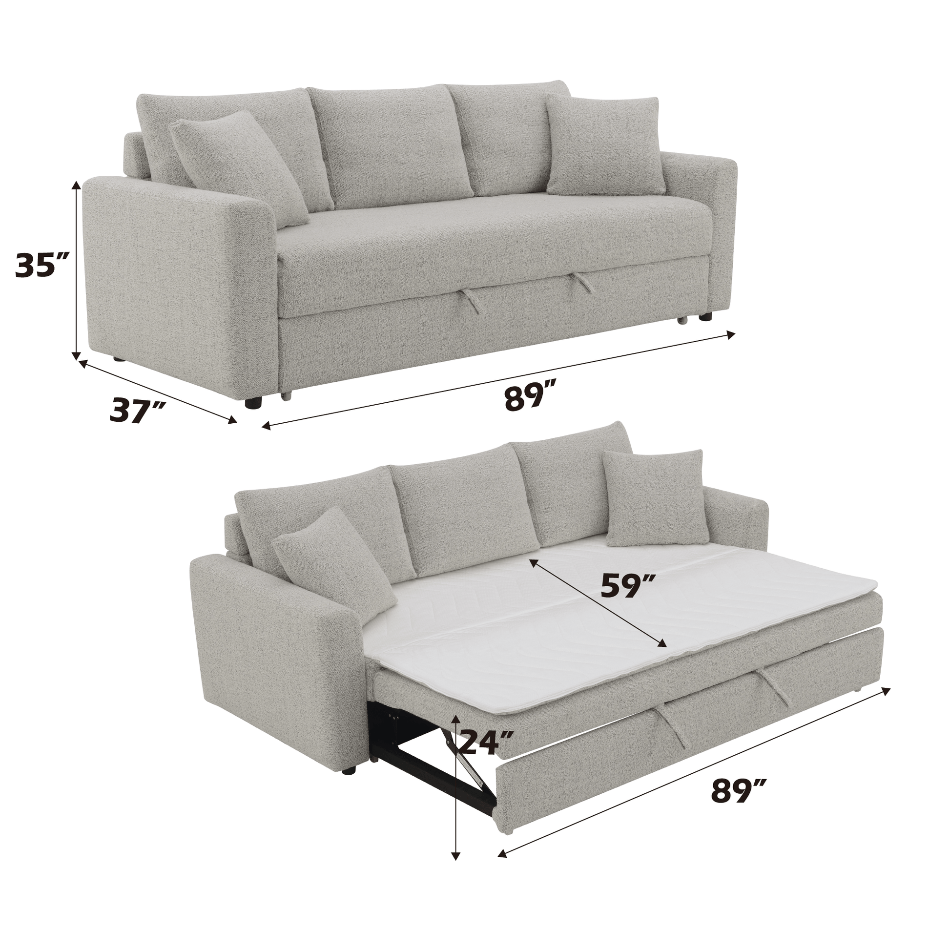 Connie Beige Boucle Sleeper Sectional Sofa – 89” Pull-Out Sofa Bed with Pillows dimensions and features