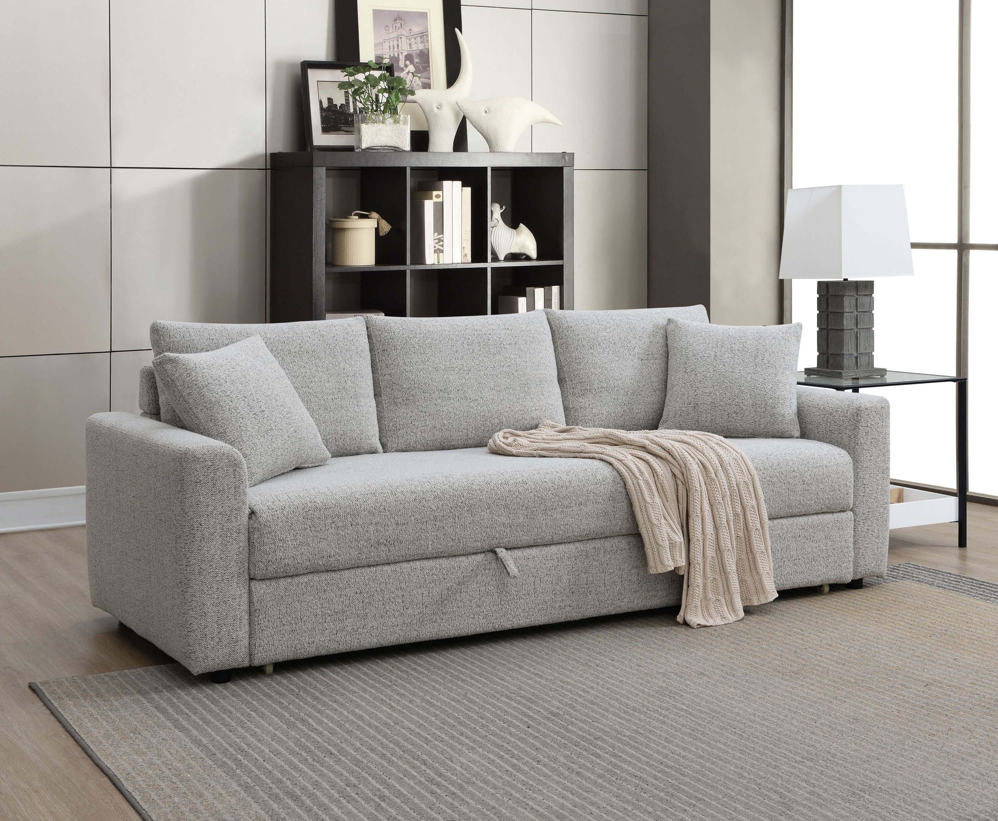 Connie Beige Boucle Sleeper Sectional Sofa – 89” Pull-Out Sofa Bed with Pillows in modern living room setting.