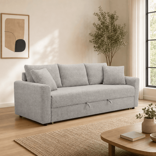 Connie Beige Boucle Sleeper Sectional Sofa – 89” Pull-Out Sofa Bed with Pillows in a cozy living room setting.