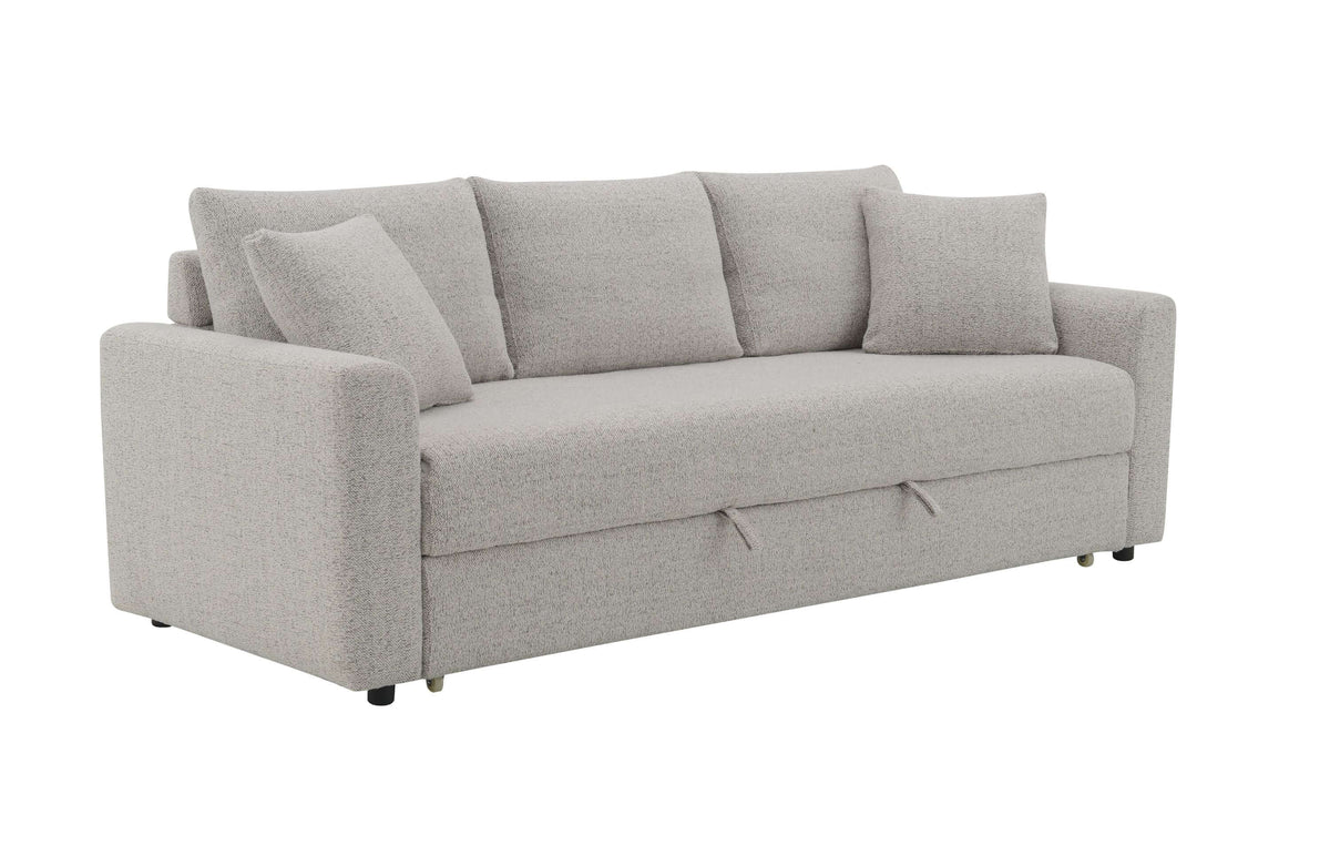 Connie Beige Boucle Sleeper Sectional Sofa – 89” Pull-Out Sofa Bed with Pillows in cozy boucle fabric.