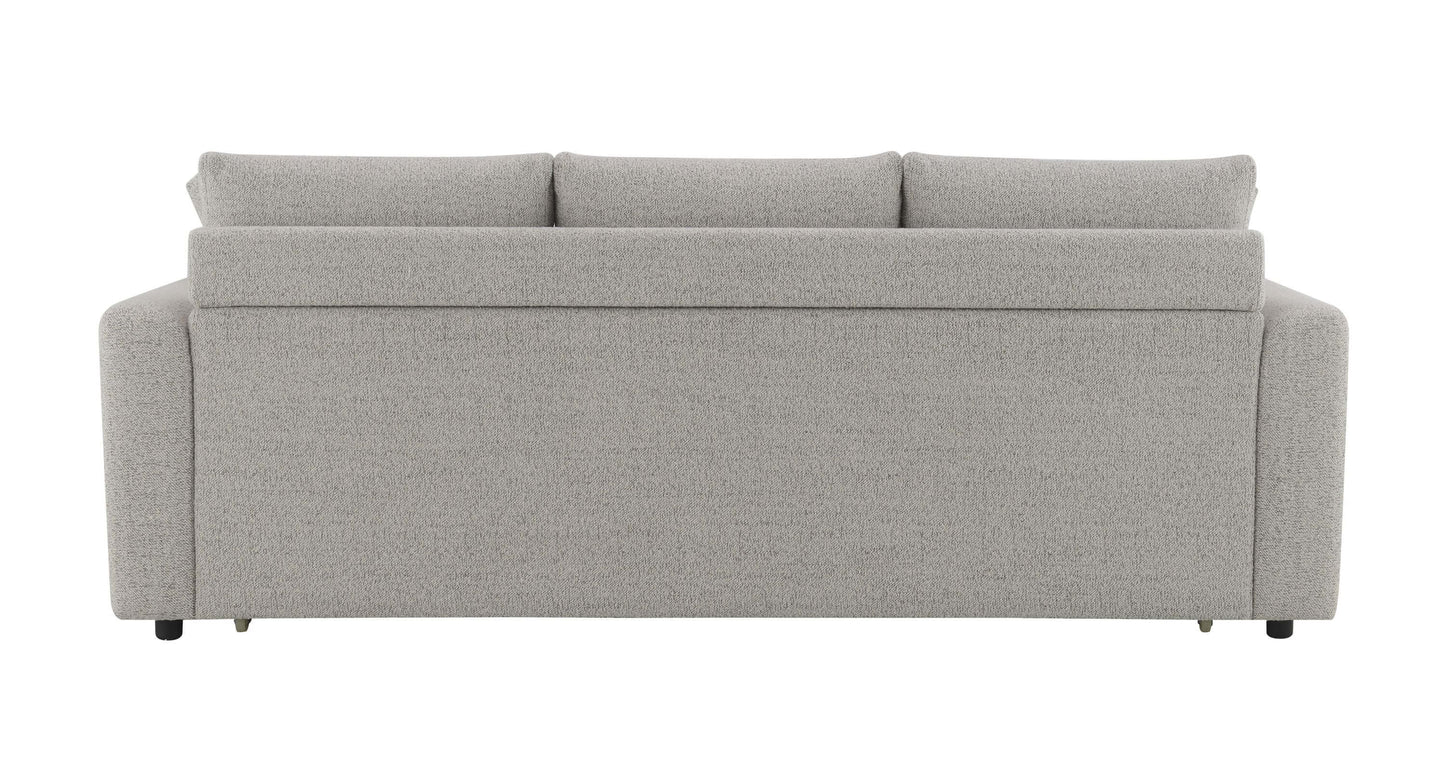 Connie Beige Boucle Sleeper Sectional Sofa – 89” Pull-Out Sofa Bed with Pillows back view, showcasing cozy boucle fabric.