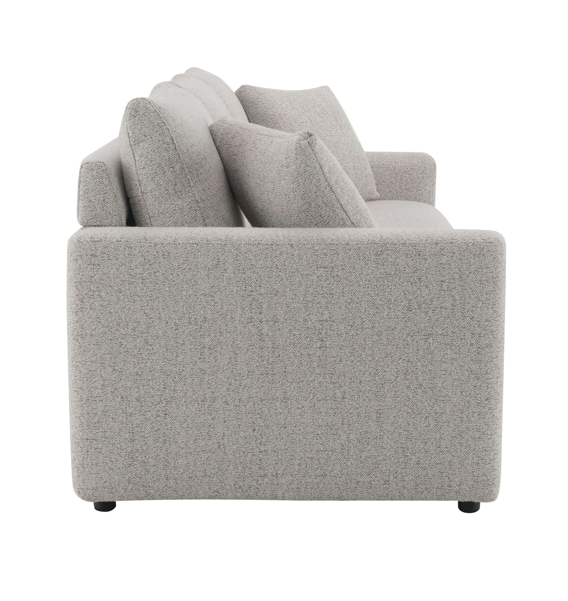 Connie Beige Boucle Sleeper Sectional Sofa – 89” Pull-Out Sofa Bed with Pillows side view showing plush boucle upholstery and cushions.