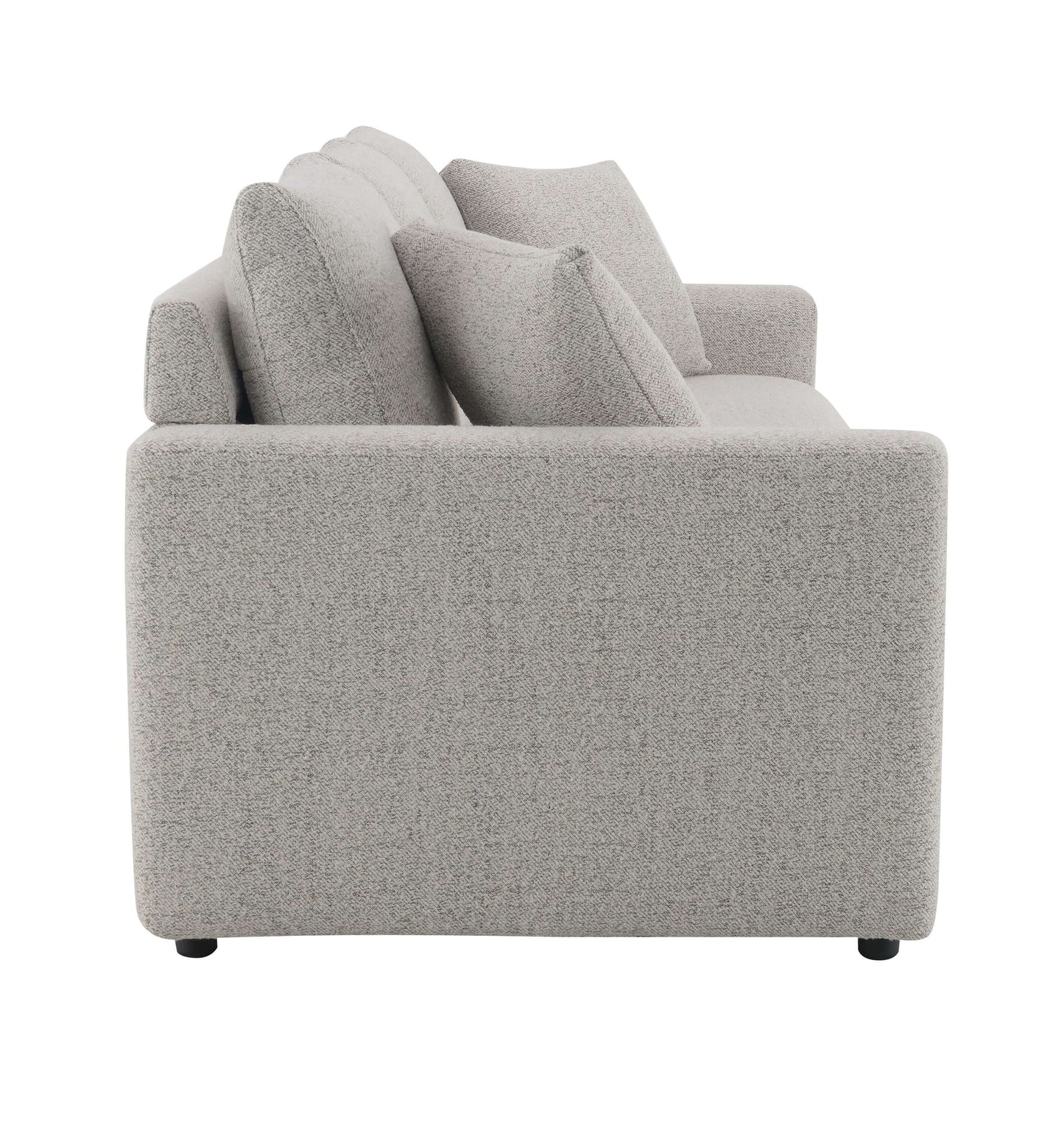 Connie Beige Boucle Sleeper Sectional Sofa – 89” Pull-Out Sofa Bed with Pillows side view showing plush boucle upholstery and cushions.