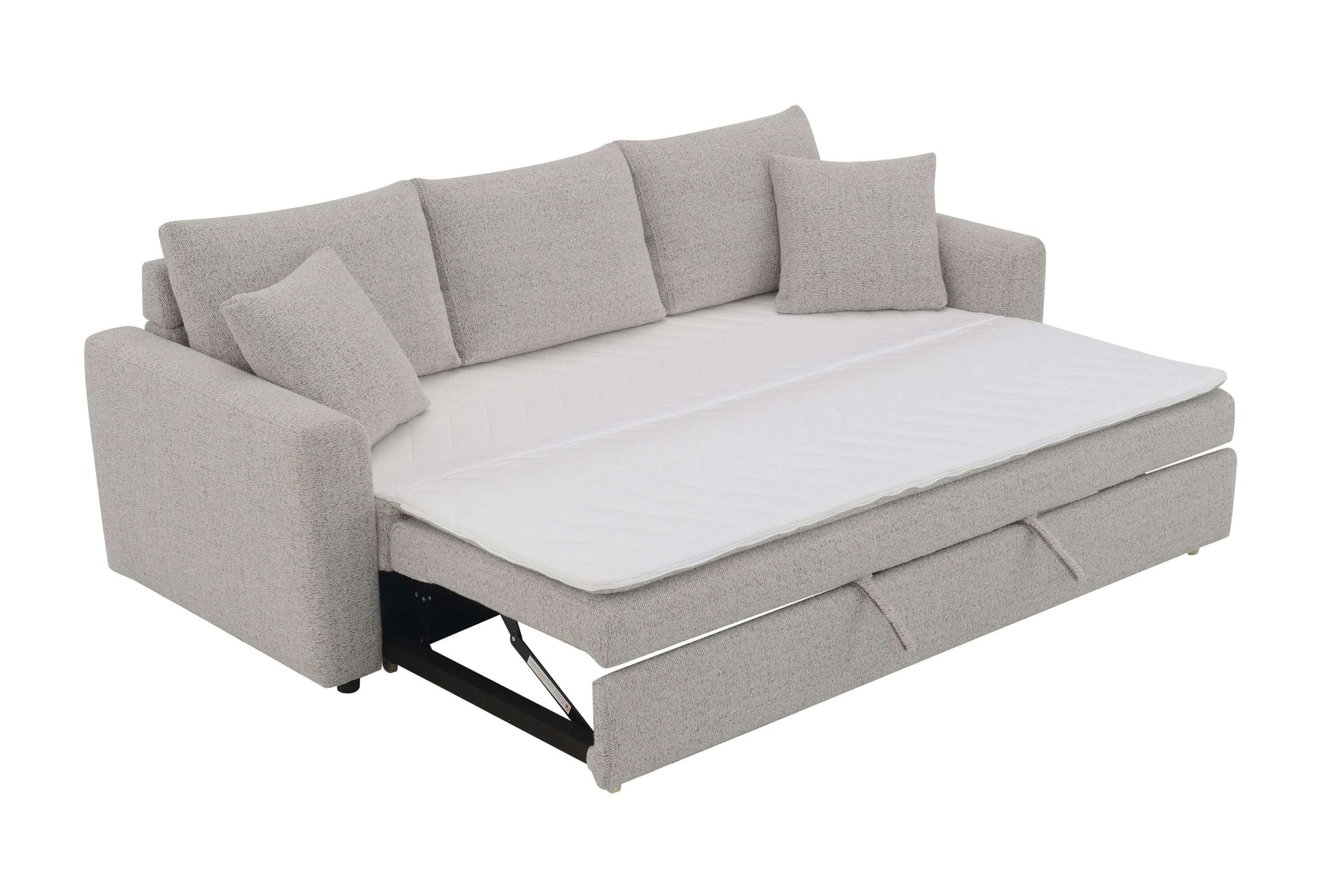 Connie Beige Boucle Sleeper Sectional Sofa – 89” Pull-Out Sofa Bed with Pillows in cozy boucle fabric.