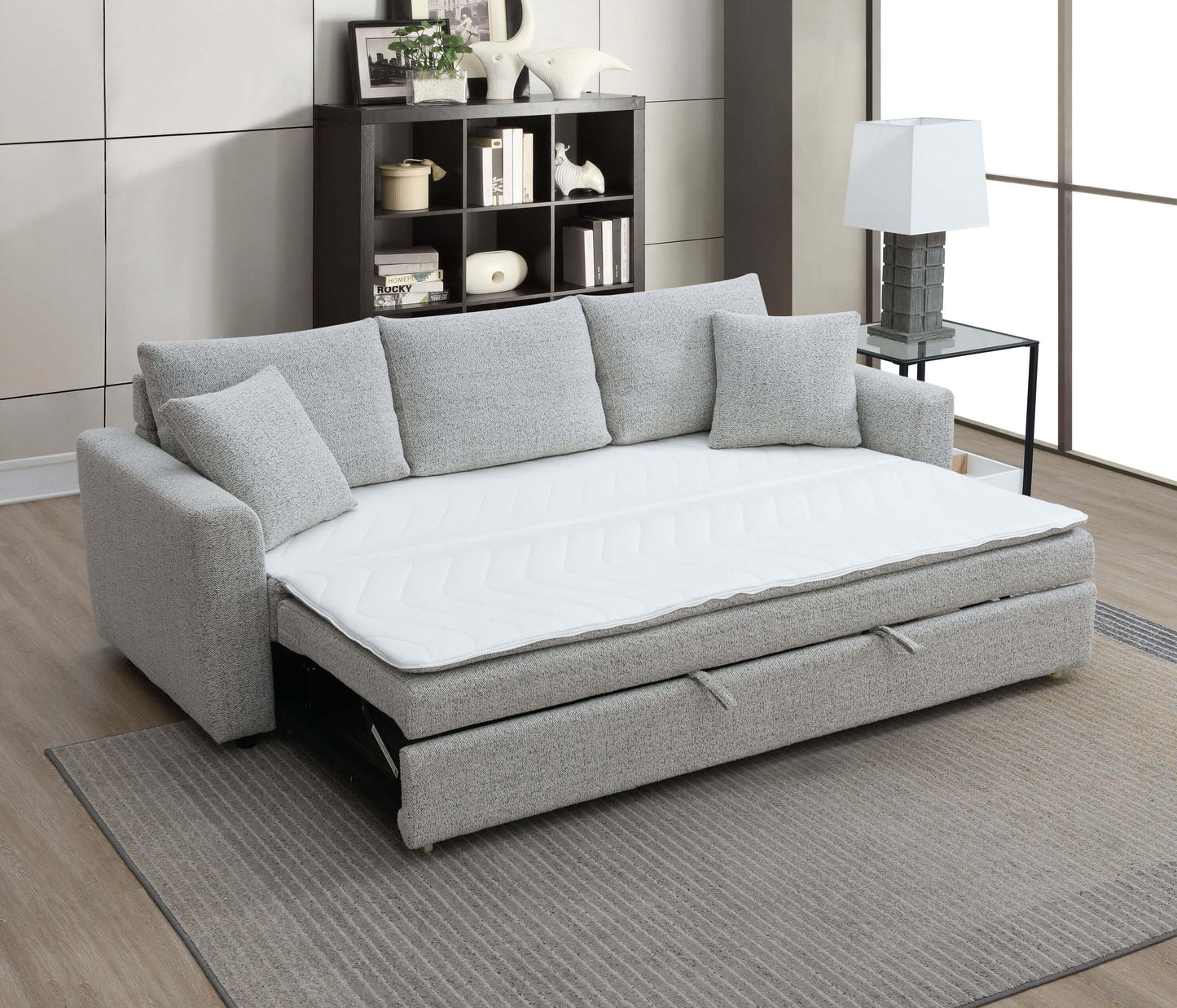 Connie Beige Boucle Sleeper Sectional Sofa – 89” Pull-Out Sofa Bed with Pillows displayed in modern living room.