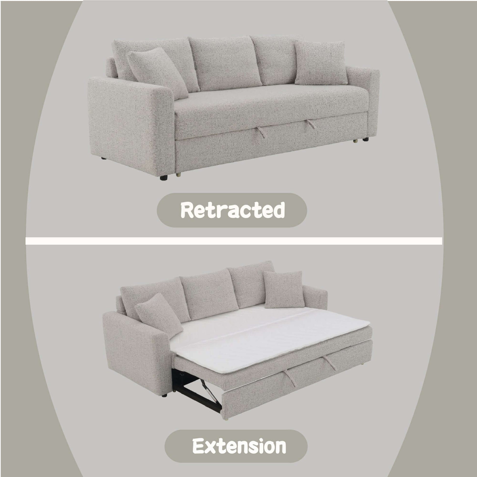 Connie Beige Boucle Sleeper Sectional Sofa – 89” Pull-Out Sofa Bed with Pillows in retracted and extended positions.