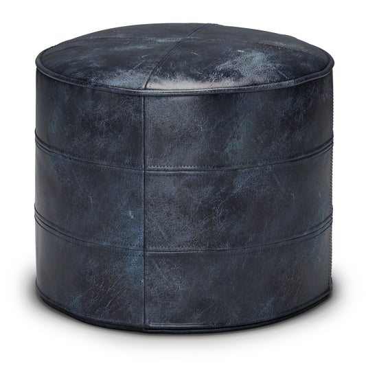 Connor Blue Leather Pouf – 18" Round Pouf